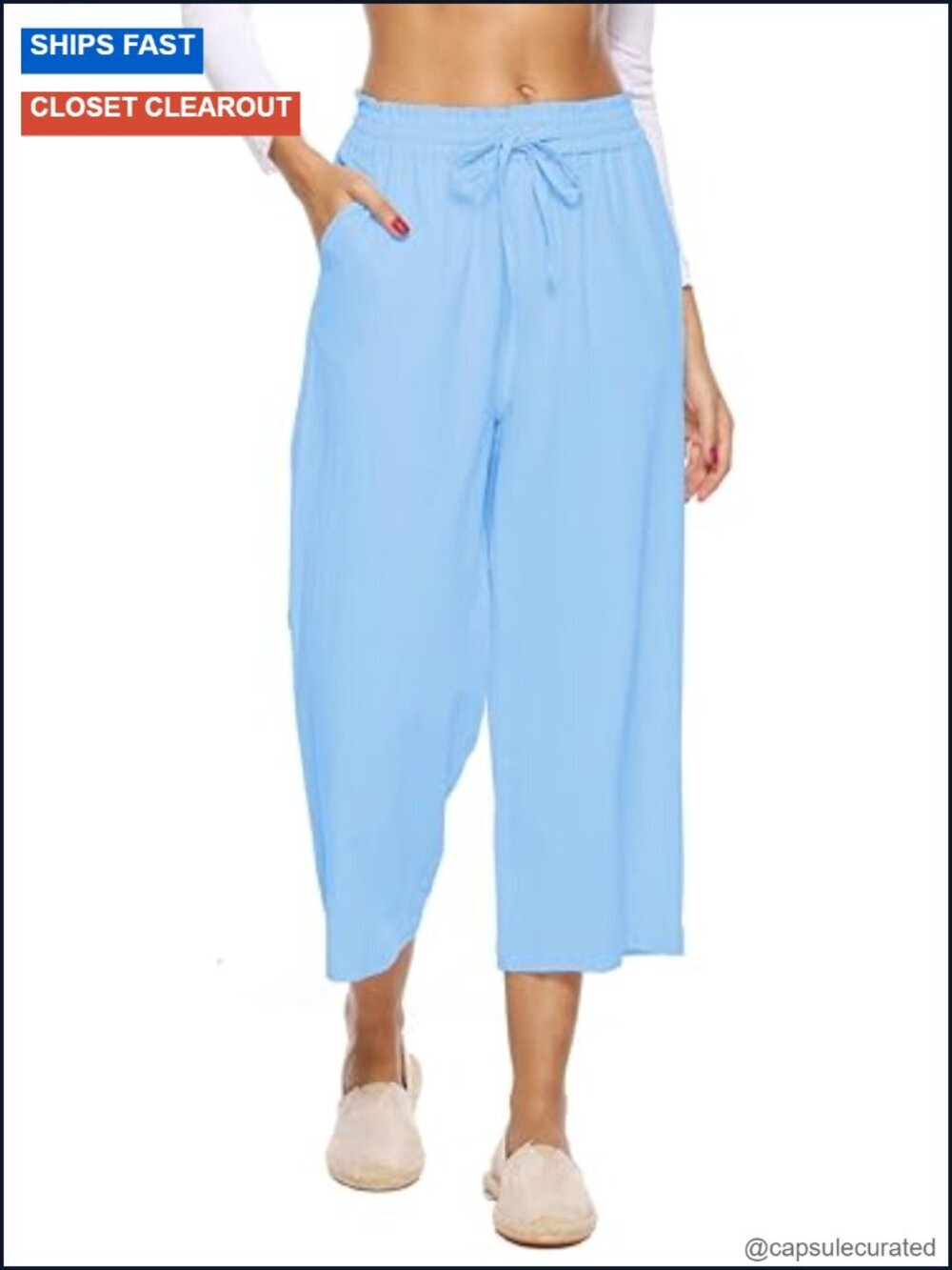 Women's Linen Wide Leg Capri Pants with Pockets Drawstring